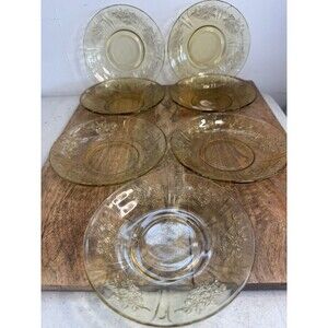 Vintage 7 Yellow Federal Depression Glass Salad Plates Amber Cabbage Rose 6”etch